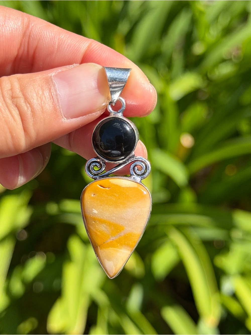Handcrafted Yellow Stone and Black Onyx Sterling Pendant Palo